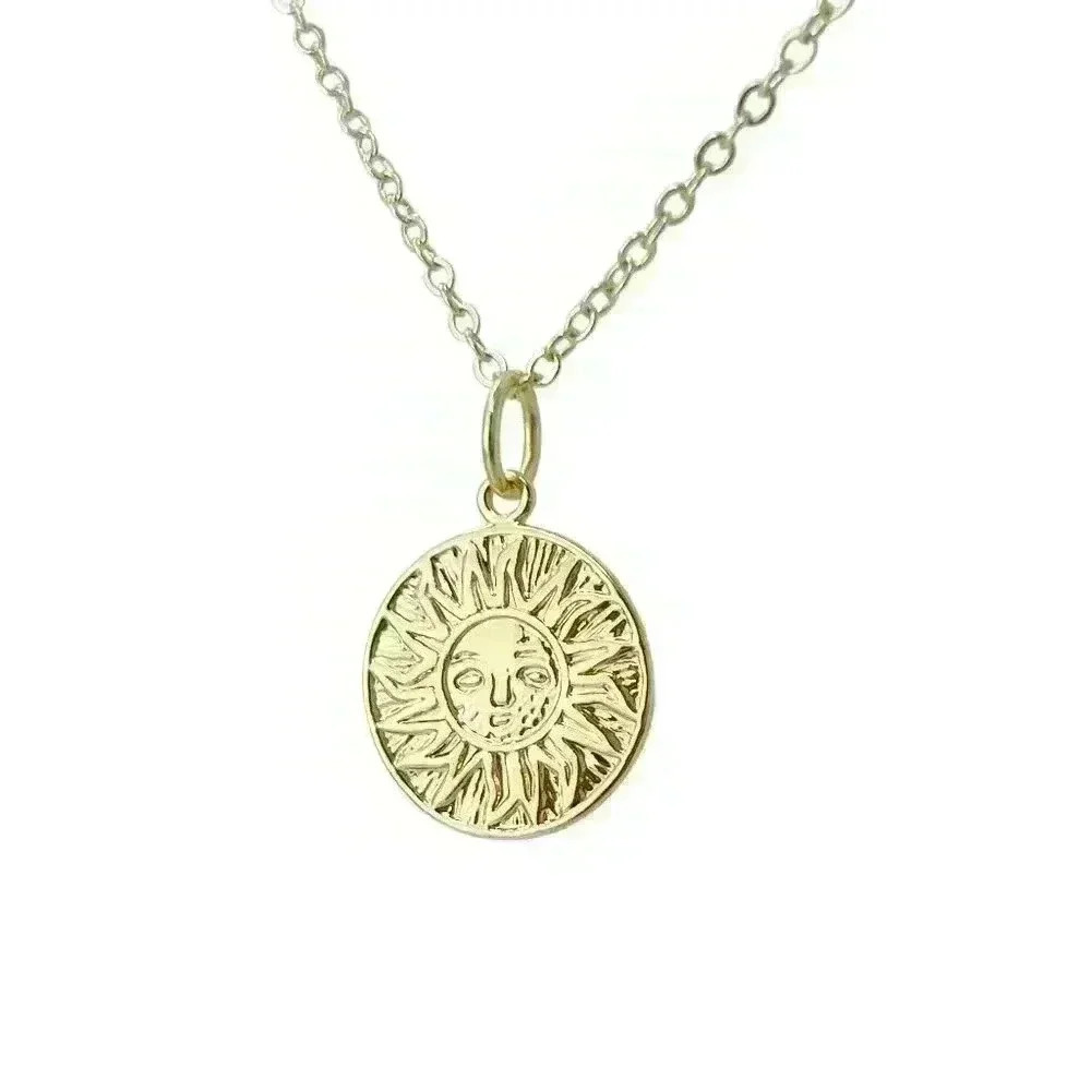 Aztec gold sun coin necklace gold plated 18K pendant 14K necklace chain dainty